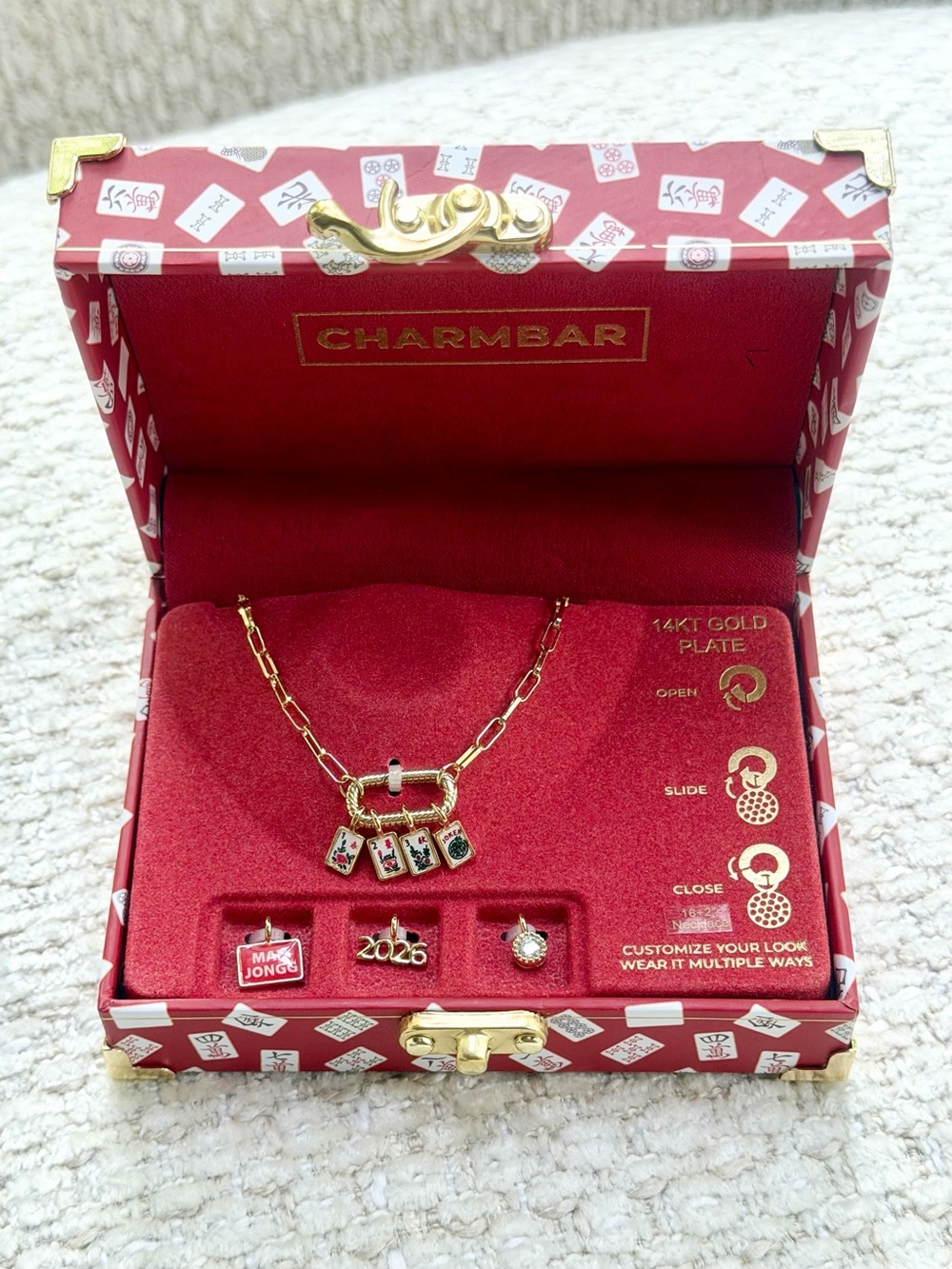 CHARMBAR Mahjong Charm Necklace Viral 16” Bar Link Chain 14KT Gold Plated Gift
